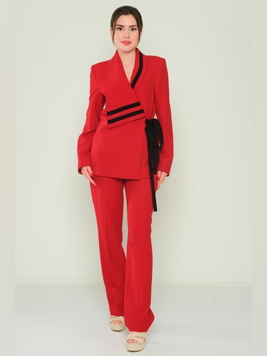Pants - Red Wrap Blazer & Pants Set - Elegant Women Jumpsuit Alternative